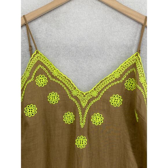 ZARA Dress M 100% Linen Embroidered Eyelet V Neck Slip Sun Midi Boho Flowy Brown - Picture 4 of 11